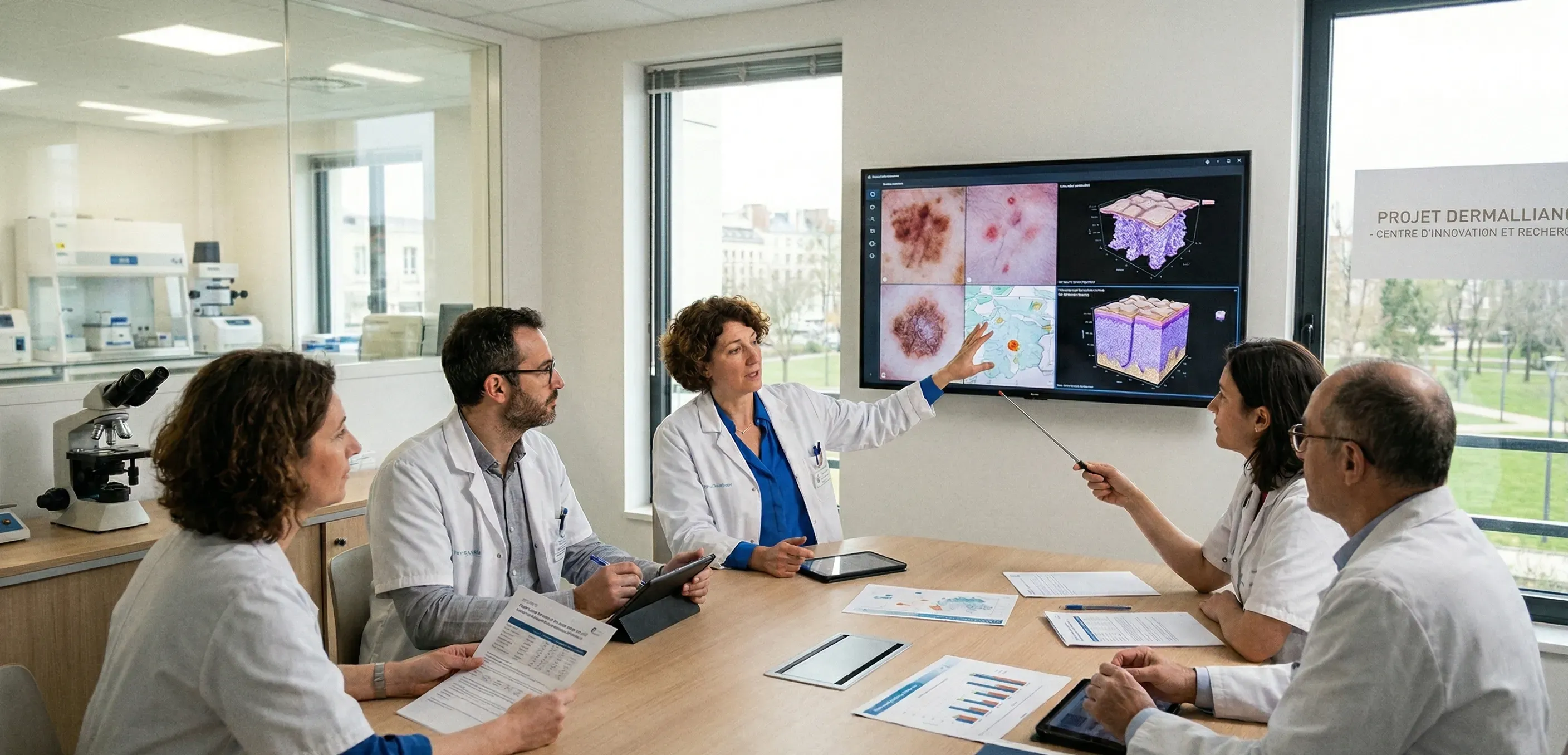 Réunion médicale Dermalliance — médecins analysant des images dermoscopiques