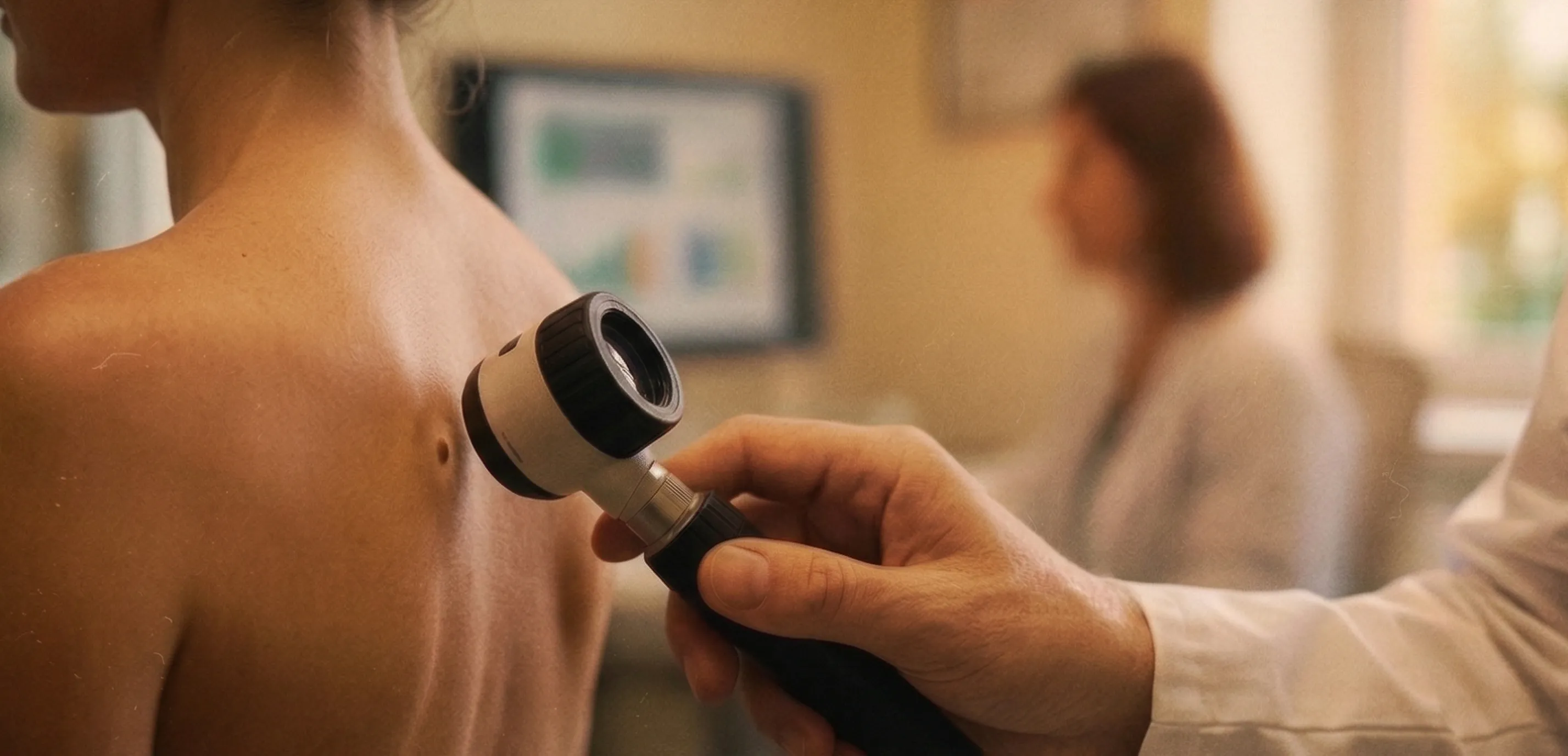 Examen dermoscopique en cours — un médecin analyse la peau d'un patient à l'aide d'un dermatoscope
